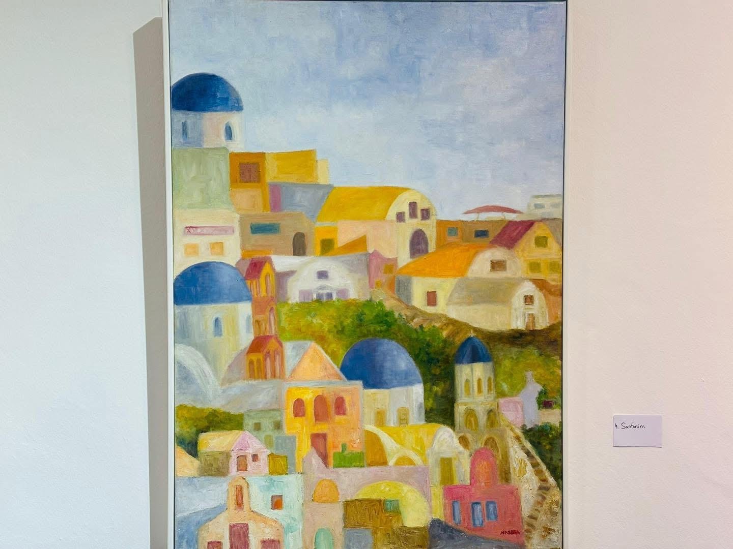 Óleo estilizado y colorido de las casas y cúpulas azules de Santorini.